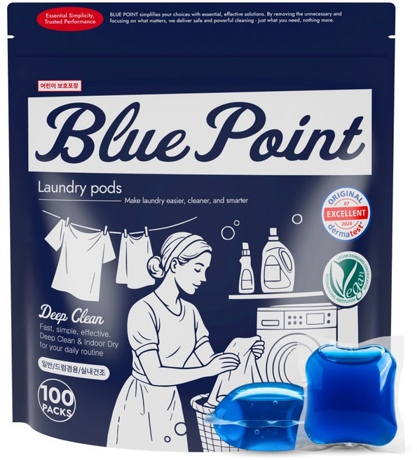 블루포인트 9IN1 딥 클린 초고농축 비건 캡슐 세탁세제 실내건조 독일 더마인증 피부 저자극 어린이 온가족 드럼 일반 겸용, 1개, 100개입