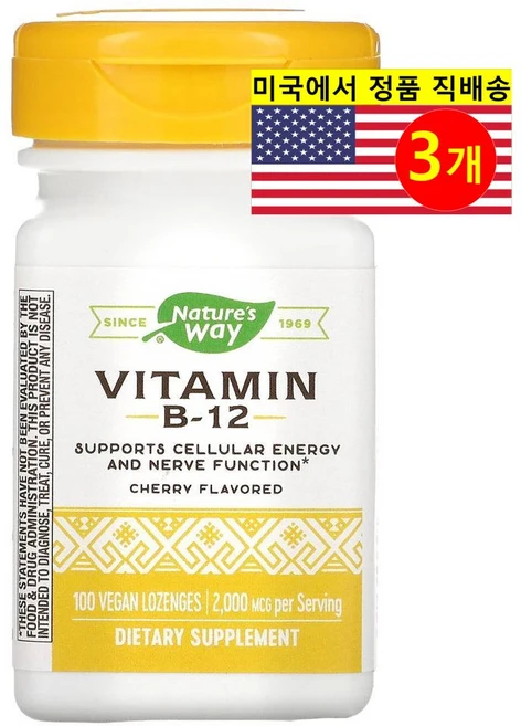 Natures Way 네이처스 웨이 비타민 B-12 2000mcg 체리 맛, 3개, 100정 - 쿠팡