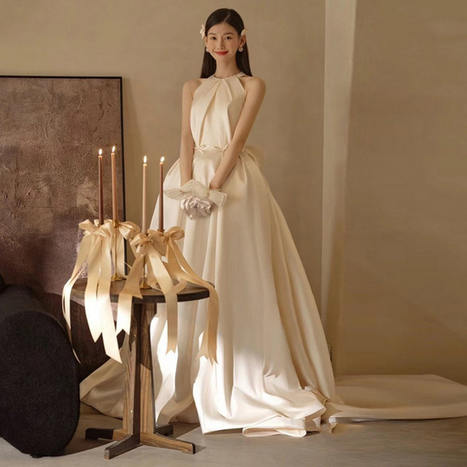 708090 2부 드레스 새틴 홀터넥 테일링 웨딩드레스