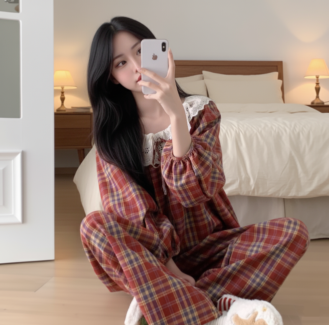 리브하모 버건디 체크 잠옷 여성 파자마 홈웨어
