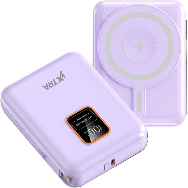 VXTRA 10000mAh行動電源 自帶雙線 MagSafe磁吸無線快充 20W PD快充 電量顯示 台灣製, 藕紫