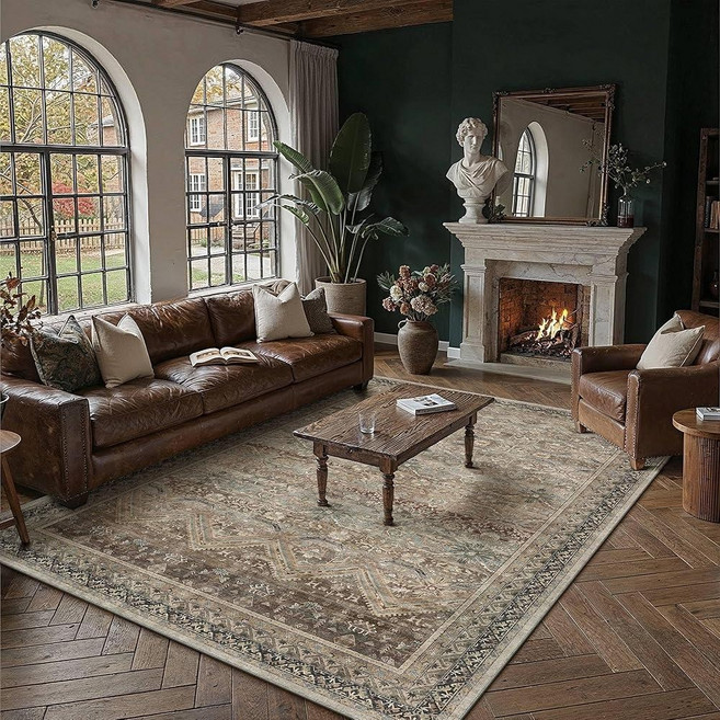 HUGEAR 8x10 Area Rugs Retro Brown Washable Rug for Living Room Large Vintage Boho Bedroom No Shedd
