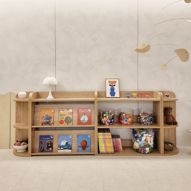 [당일발송]재니쓰홈 올인원 전면책장 어린이집 아기 유아 낮은 교구장 3단 책장, 우드