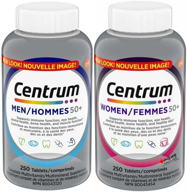 캐나다 센트룸 여성 50세 이상 남성 50세 이상 면역 뼈 치아 근육 피부 뇌 대사 효능 종합영양제 각 250정, 1개 - 쿠팡