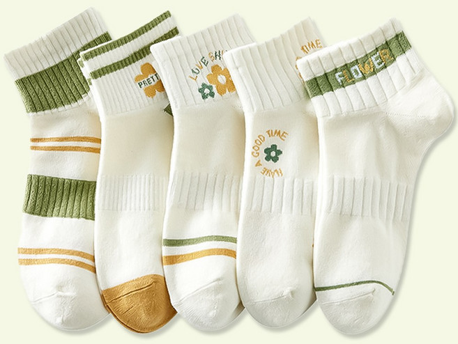 쿠밍 여성용 패션 데일리 코디 포인트 단목 발목 양말 5켤레 옐로우 그린 버전