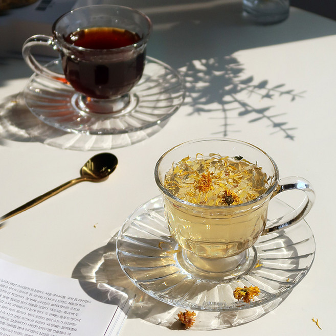 루미에 글라스 찻잔+받침세트, 2세트, 투명