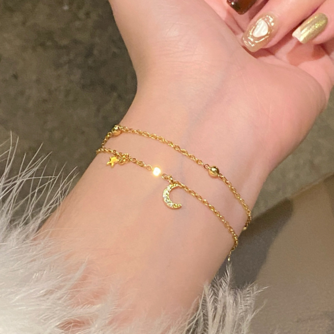 BRM 바로문 여성 팔찌 S925 실버 골드 더블 체인 레이어드 달 별 큐빅 포인트 선물 데일리 악세사리