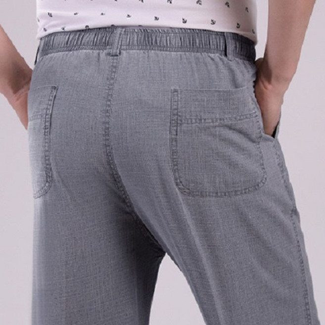 FANSYLI 중장년 남성 정장 바지 여름 얇은 밴딩 린넨 바지 빅사이즈 루즈핏 통기성 일자핏 통바지 데일리 X2604A10