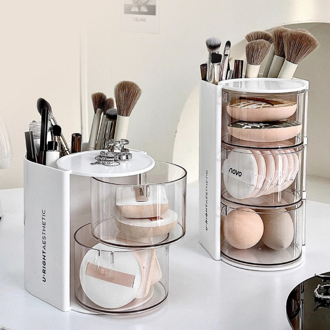 회전형 투명 메이크업 브러쉬 퍼프 정리함, 핑크, 1개
