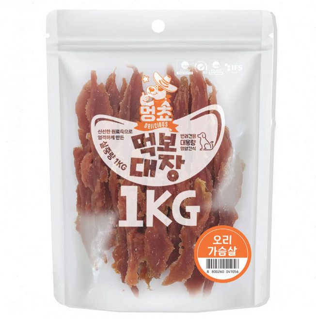 멍쵸 먹보대장 1kg 대용량 강아지간식, 1개, 멍쵸 먹보대장 오리가슴살