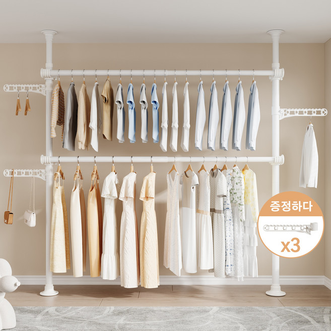 KURUA 38파이 와이드 2단 고정식 옷걸이행거 고강도 스틸 튼튼한 의류수납대, 화이트