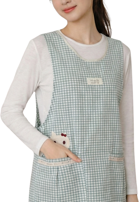 체크오트밀캣 앞치마 어린이집 보육교사 선생님 실습 원피스앞치마 린다스 에이프런샵, 1개, 단추그레이