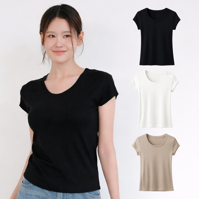 쫀쫀한 스판 여성용 라운드넥 골지 반팔 티셔츠 데일리 이너 슬림핏 기본티 로엘