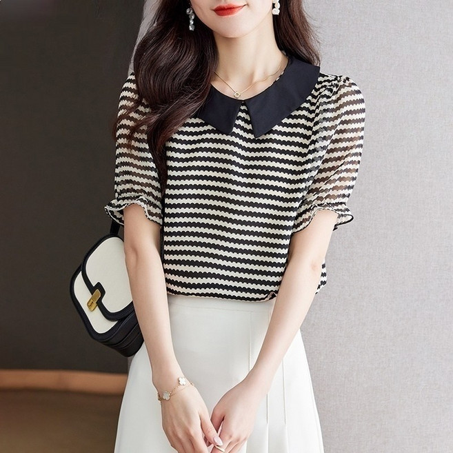 ASURE 여성 여름 라운드 줄무늬 데일리 블라우스