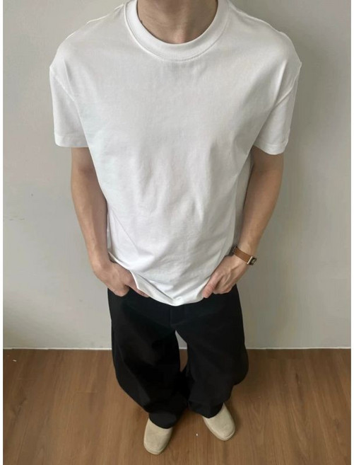 黑色boxy正肩短袖T恤 男女夏季寬鬆解構太空棉五分袖上衣, 白色,L, 白色