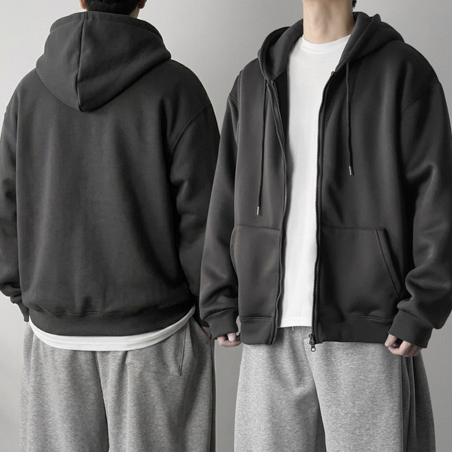 오프앤 남자 무지 투웨이 오버핏 후드 집업