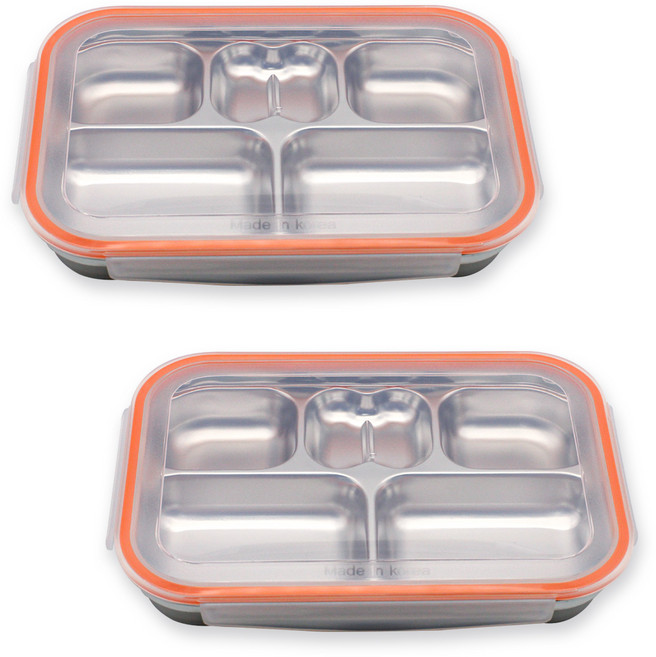 1+1 올품락 간편한끼 스텐 다이어트 직사각 5구 뚜껑 식판, 오렌지, 2세트