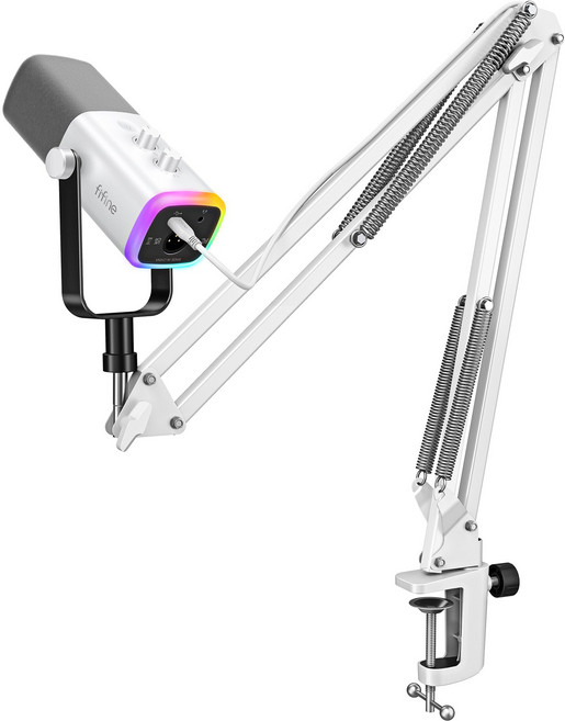 피파인 USB XLR 다이나믹 마이크 세트 게이밍 방송 녹음용 독립 볼륨 노브 원터치 음소거, 흰색, AM8T