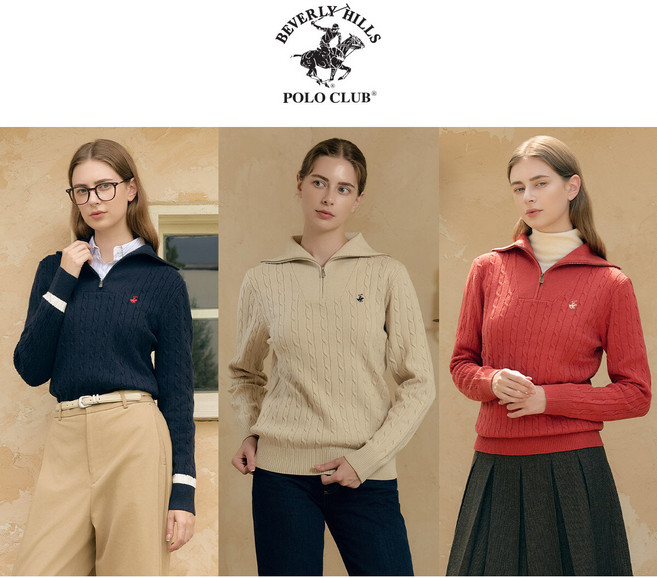 (신세계 단독)25FW 비버리힐즈폴로클럽 여성 울 블렌디드 반집업 케이블니트 3종