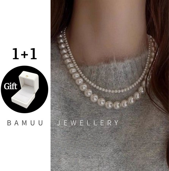 BAMUU 1+1 진주목걸이 14K 도금 여성 진주목걸이 세트 + 선물케이스 증정