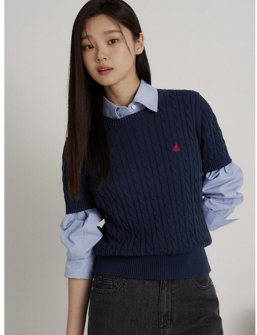 [국내정품] 빈폴레이디스 코튼 케이블 라운드넥 반소매 풀오버 네이비