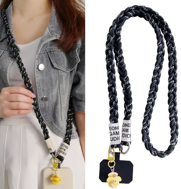 두리안나 어깨가 아프지 않는 휴대폰 스트랩 로프 목걸이줄(잘안찢어지는 옥스포드 태그홀더), 1개, 블랙(폼폼푸린)