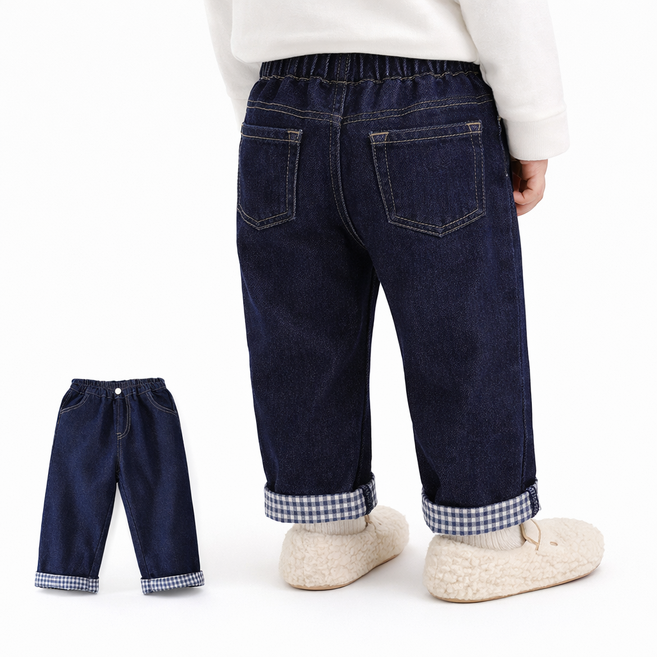 여아 남아 공용 아동 데님 팬츠 체크배색 롤업 봄 가을 청바지