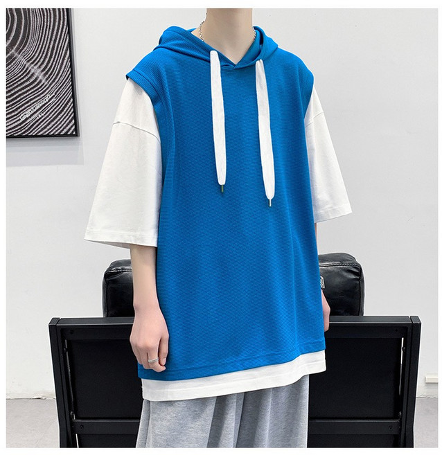 ANYOU 남성 캐주얼 반팔 후드 반팔 스포츠 티셔츠