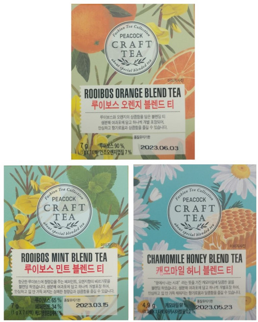 피코크 캐모마일 허니블렌드티7입(0.7gx7티백)+루이보스 오렌지블렌드티7입(1gx7티백)+루이보스 민트블렌드티7입(1gx7티백), 700mg, 1개, 7개입