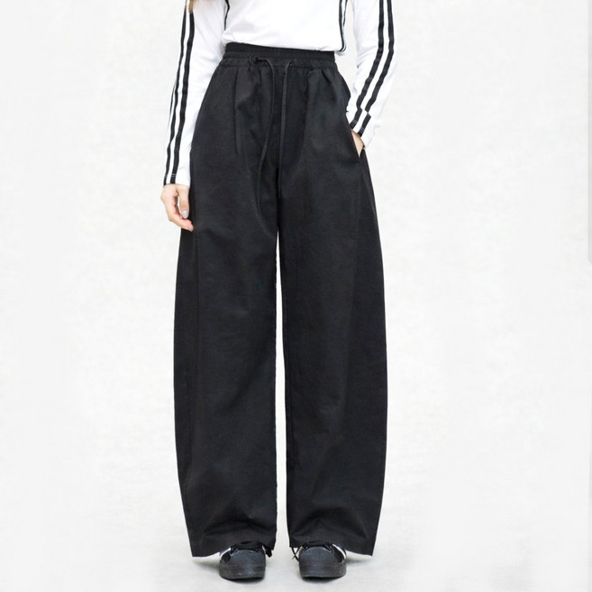후암마켓 여성용 바스락 루즈핏 밴딩 끈 와이드 팬츠