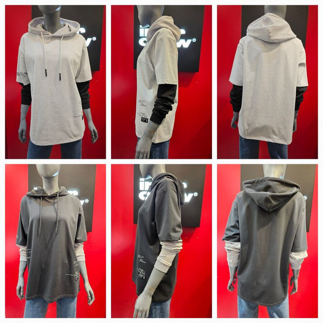 인터크루 스판소재의 가볍고 얇은 면혼방 소매 레이어드 후드티셔츠 SWITZ1TH01ATO