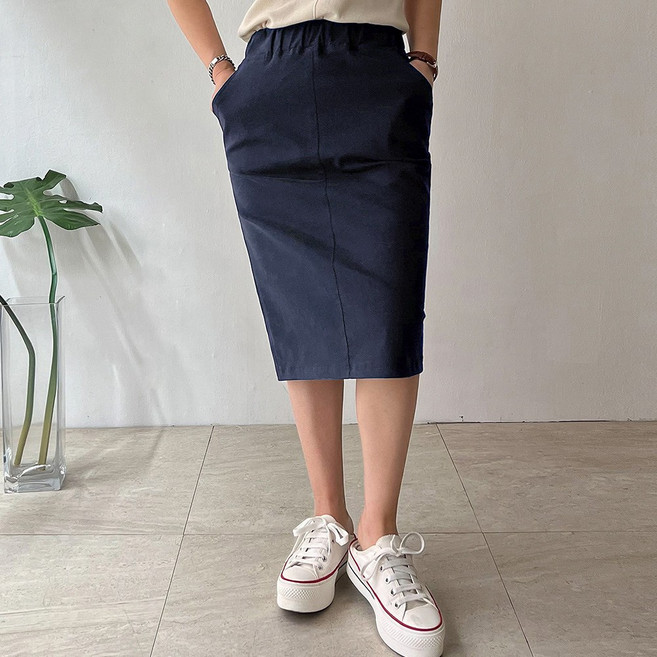 네모엔룩 여성용 듀크워싱 면스판 허리밴딩 H라인 스커트