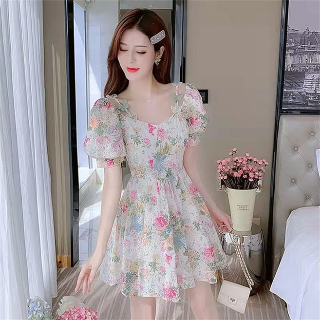 besteffie 여름원피스 여성용 브이넥 플라워 꽃무늬 청순 허리 조임 쉬폰 미니 원피스 미니 랩 원피스 E15