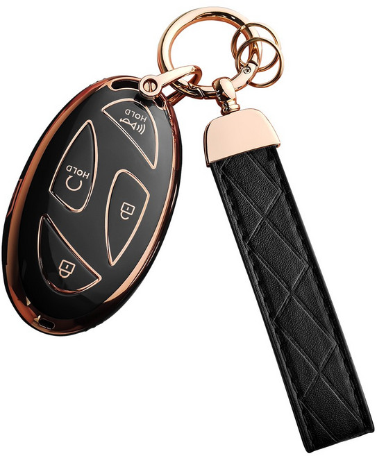MODACE 2023-2025현대 차키 케이스+가죽 메탈 키링 키홀더(5버튼/7버튼)TPU 소프트젤 보호 케이스, 7버튼-골드 블랙