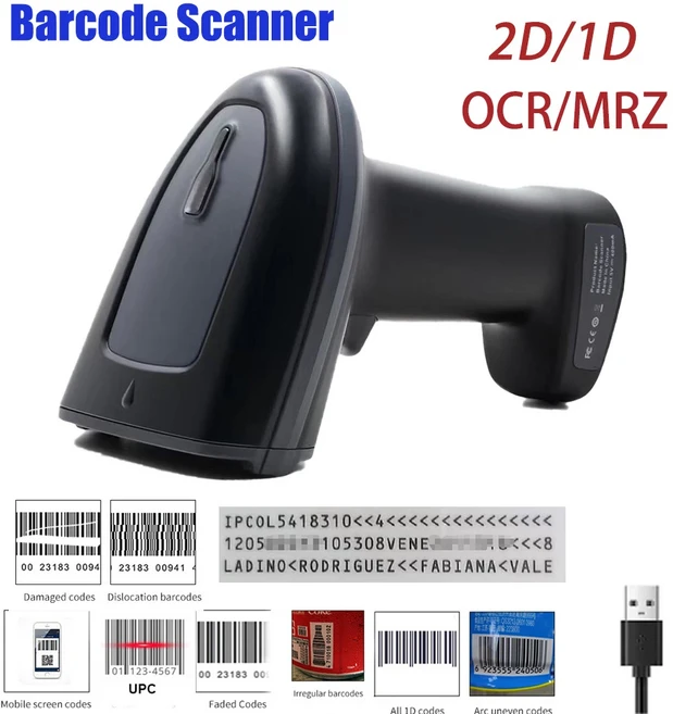 2D/1D OCR 바코드 스캐너 휴대용 휴대용 유선/무선 블루투스(기본 MRZ PDF417 데이터 매트릭스 포함) 여권