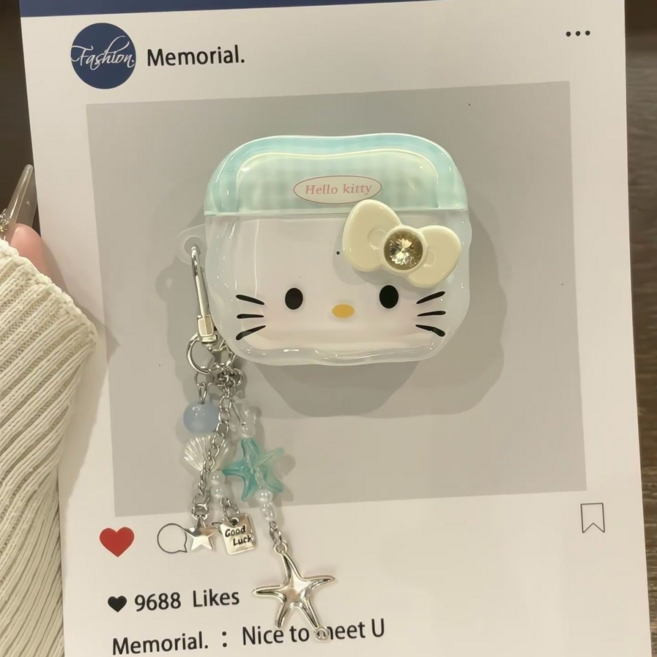 [키링포함] KT 체크 조개 고양이 에어팟케이스, 1개, 민트, 프로3