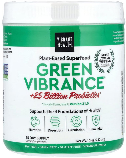 바이브랜트헬스 Green Vibrance +250억 프로바이오틱스 버전 21.0 165g(5.82oz), 1개, 165g