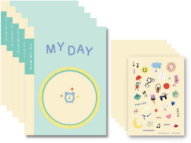 그림일기장+스티커 세트 (민트) 5권 초등 일기장 어린이 그림일기 초등노트 감사일기