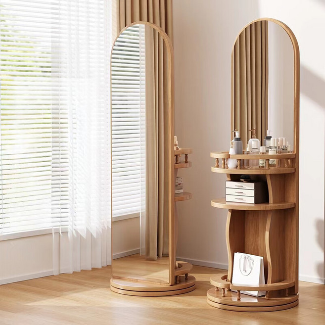 H N Quality Home 스탠딩 전신거울 화장대 겸용 360도 회전 가능 (공간절약 디자인), 연한 우드색