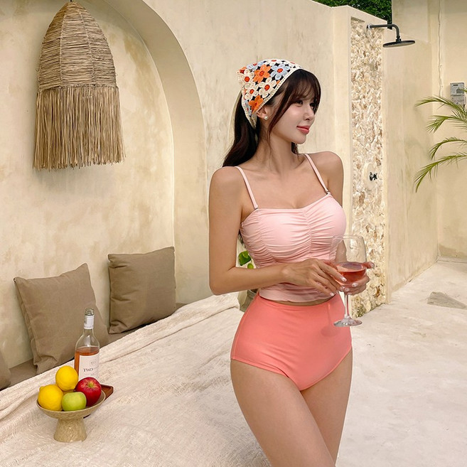 [자체제작] 비바럽 셔링 비키니 하이웨스트 투피스 러블리 모노키니 SW20018F, 피치/L[66]