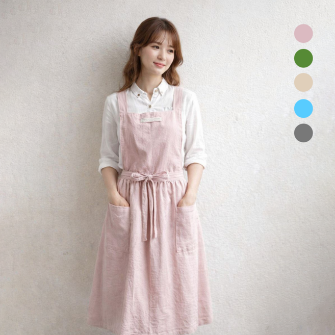 이드림 코튼 린넨 롱 원피스형 앞치마, 1개, 핑크