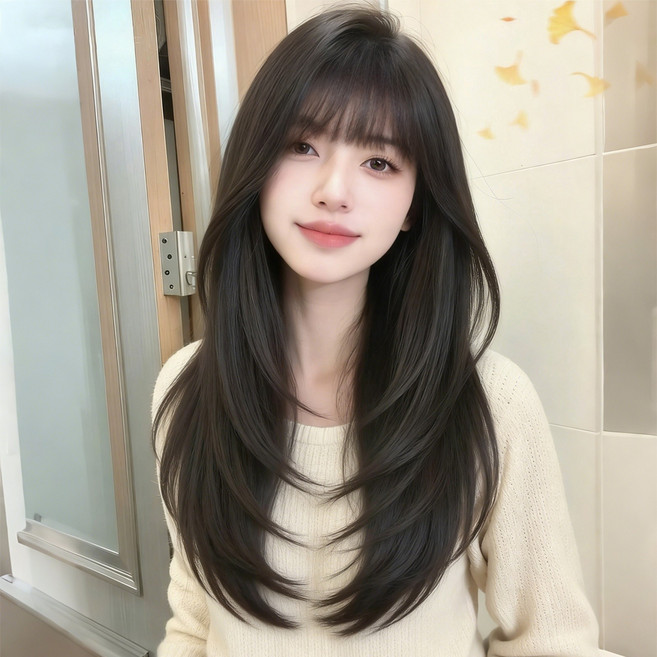 Leesheer 자연스러운 여성 전체가발 통가발 레이어드 여성 앞머리 가발, 1개, 다크 브라운