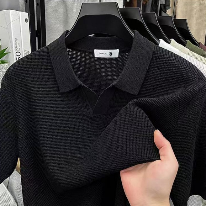 J nd O남성 여름 시원한 비스코스 오픈카라 반팔 니트