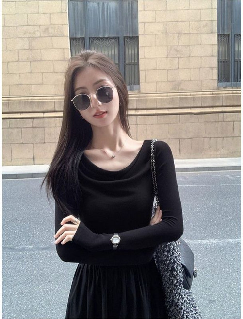 時尚高級感露肩一字領純色長袖連衣裙女秋冬修身顯瘦氣質打底長裙, 白色