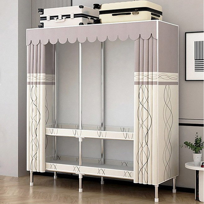[시스슈] 이동식 3단 조립식 옷장 - 강화 철제 프레임 + 대용량 하단 수납 & 먼지방지 커튼이 장착된 합금 간이 옷장, 베이지색