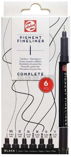 Talens Pigment Fineliner 黑色代針筆盒裝, 1個, 6支組 #90480961
