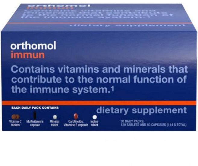 Orthomol Immun Vial 면역 지원 보충제 30일 공급 비타민 A B C D E 아연 요오드, 120 TABLETS AND 60 CAPSULES, 1개