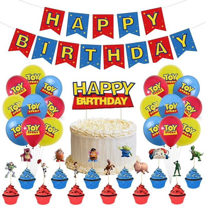 토이 스토리 생일 장식 파티 세트 우디 버즈 라이트이어 5 디즈니 아이 귀여워 남자 아이 여자 아이 캐릭터 영화 애니메이션 인형 레드 옐로우 블루 생일 축하 가랜드 풍선 케이크 토