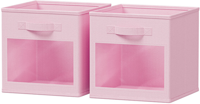 수납 바스켓 다용도 접이식 패브릭 옷정리 수납함 투명창 포함, 2개, 핑크