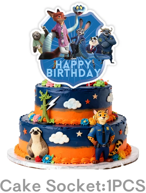 주토피아 닉과 주디 파티 장식 일회용 식기 세트 테이블보 배너 케이크 토퍼 풍선 생일 용품, 03 1pcs Cake Topper